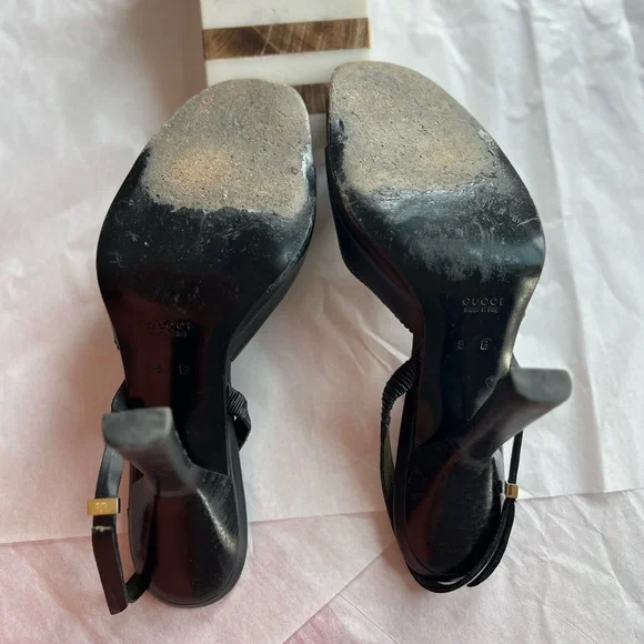 VTG 90s GUCCI slingback sandals sz 8 black leather scalloped edge 4.25in heel - Picture 10 of 16